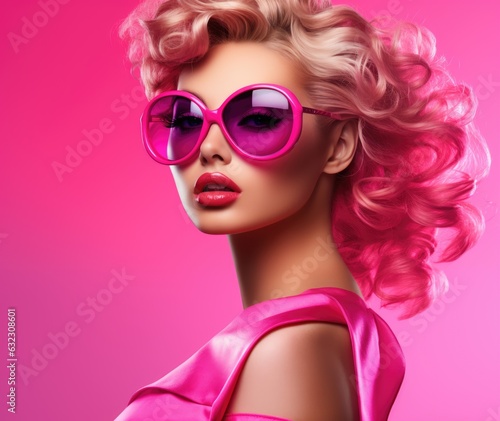 Fashion portrait of beautiful woman with pink hair and sunglasses on pink background