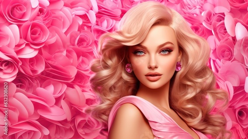 Fashion portrait of beautiful woman with pink hair and roses on pink background