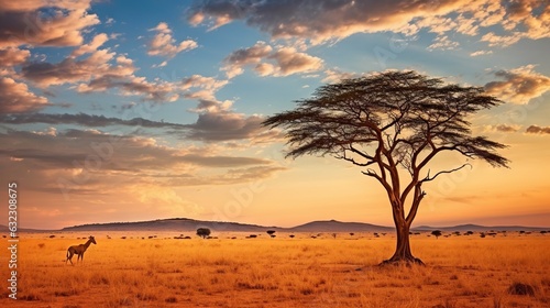  a giraffe standing next to a tree on a dry grass field. generative ai