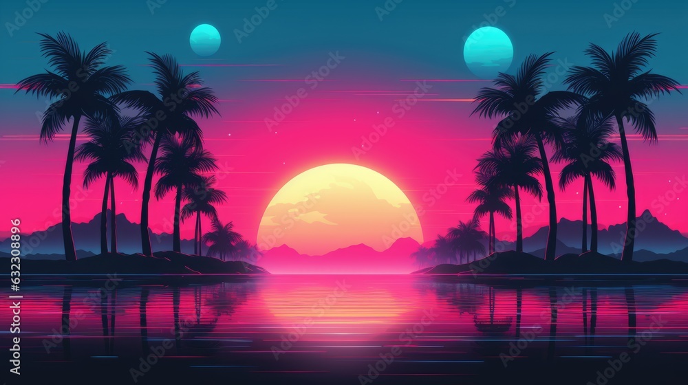 Fototapeta premium Vaporwave, synthwave retro style neon landscape background with palms, sunset