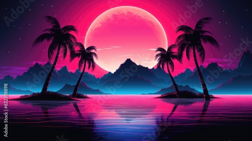 Vaporwave, synthwave retro style neon landscape background with palms, sunset © eireenz