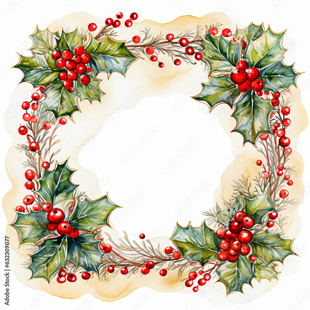 Watercolor christmas wreath with holly leaves and berries. selective focus. 