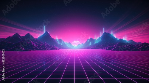 Vaporwave  synthwave retro style neon landscape background with mountains  sunset