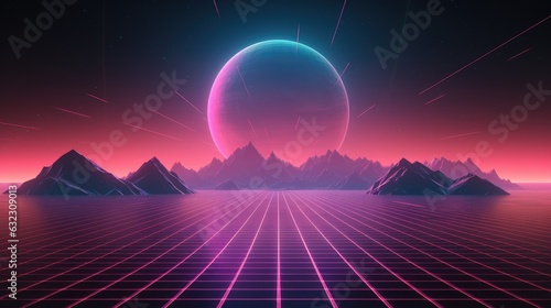 Vaporwave  synthwave retro style neon landscape background with mountains  sunset