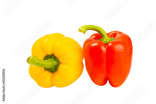PAPRIKA.Fresh yellow and red bell pepper isolated on white background. Bulgarian salad pepper .Fresh vegetables. Harvest. Vegan. close up