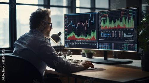 Stock trader business man looking at graph stock market on screen analyzing invest strategy, financial risks