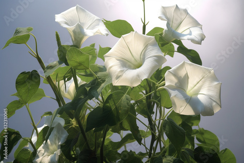 A photo showcasing Morning glory (Rivea corymbosa), emphasizing its delicate white flowers, heart-shaped leaves, and presence of psychoactive ergoline alkaloids. Generative AI technology. photo