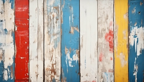 Texture of Vintage Wood Boards with Cracked Paint in Multicolors. Generative ai