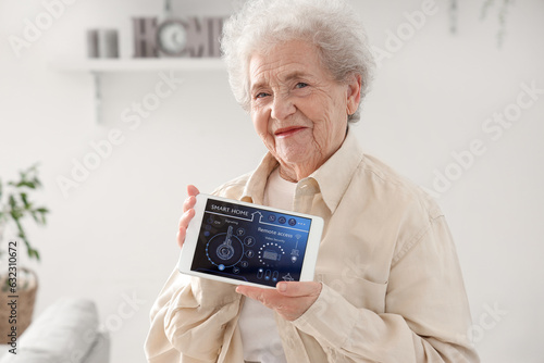 Senior woman with smart home security system control panel, closeup