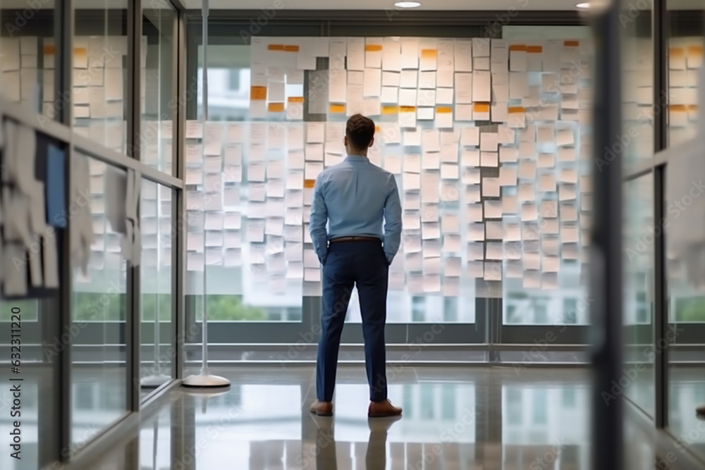 Back view of young businessman looking at sticky notes on wall in office. generative AI Back view of young businessman looking at sticky notes on wall in office. generative AI
