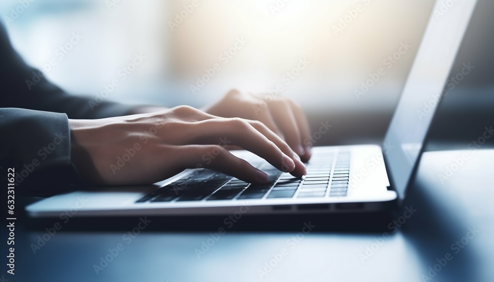 Business Woman's Hands Typing on Laptop Computer Keyboard. Generative ai Business Woman's Hands Typing on Laptop Computer Keyboard. Generative ai