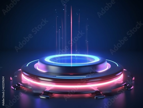 Hi-tech Futuristic Circle Podium with Neon Light Glow. Generative ai