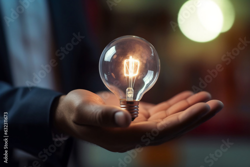 Businessman holding a glowing light bulb in his hand. Business idea concept. generative AI