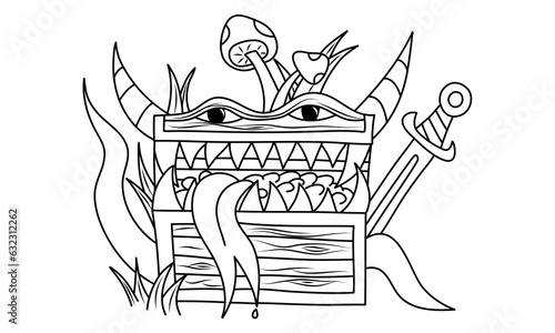 Sketch of mimic monster with eyes, teeth and big tongue. Hand drawn vector illustration.