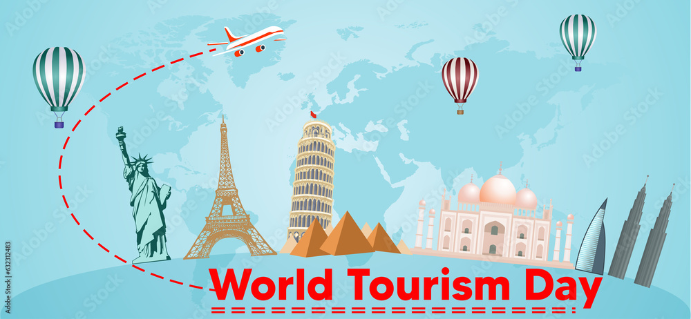 world tourism day map with famous tourist places poster