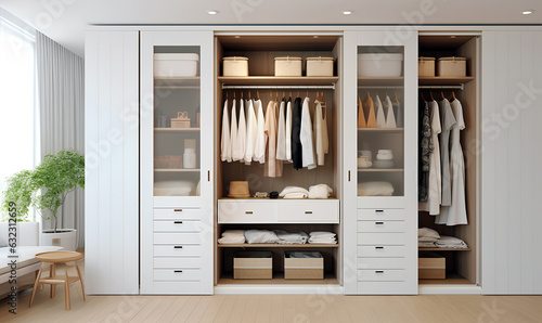 White wooden wardrobe in scandinavian style interior design - Generative AI © suriya