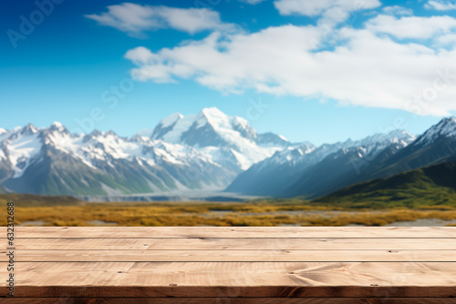 The empty wooden table top with blur background of mountains. AI generated.