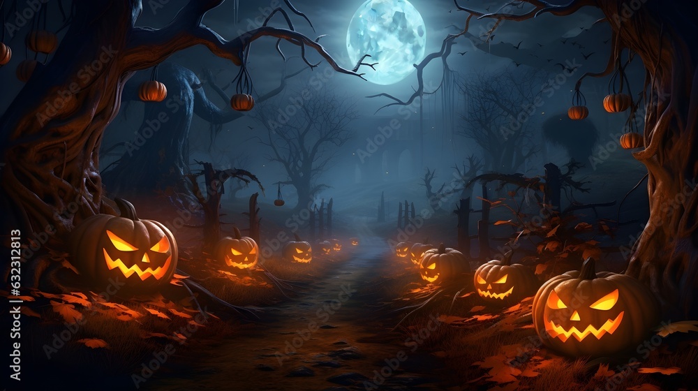 Enchanted Halloween Night: A Captivating Fantasy Scene of Glowing Pumpkins