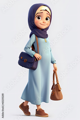  A 3D Character Portrait Of A Woman Wearing A Hijab And Holding A Purse, Depicted As A Pixar Character, Ai Generated