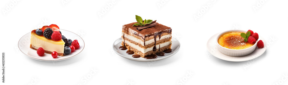 three cake slices of berries and strawberry cheesecake, tiramisu or coffee cake and a creme brulee plate as sweet dessert menu plates isolated on transparent png background three cake slices of berries and strawberry cheesecake, tiramisu or coffee cake and a creme brulee plate as sweet dessert menu plates isolated on transparent png background