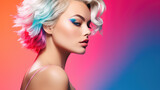 Beautiful woman with colorful makeup, glamour make-up on colorful background