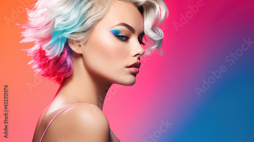 Beautiful woman with colorful makeup, glamour make-up on colorful background