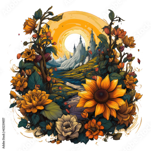 A captivating sunflower t-shirt design set in a sunflower maze adventure, with sunflowers forming intricate pathways leading to hidden treasures and surprise, Generative Ai