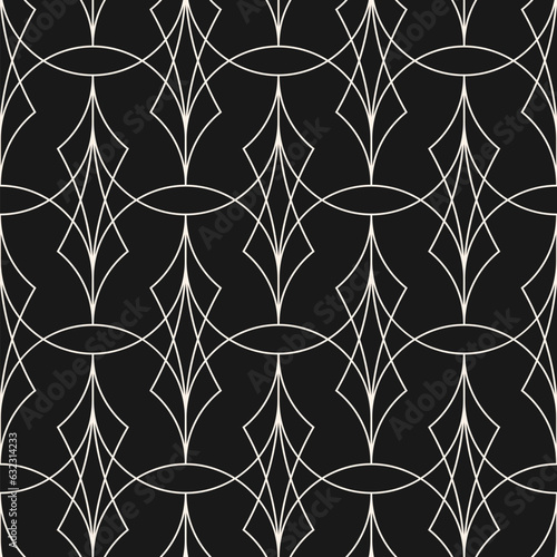 Vector art deco seamless pattern. Luxury monochrome geometric linear texture with thin curved lines, grid, lattice ornament. Minimal black and white abstract background. Elegant dark repeat geo design