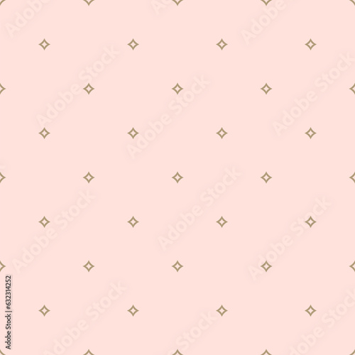Golden vector seamless pattern with small diamond shapes, outline stars, rhombuses. Abstract minimal pink and gold geometric texture. Simple minimalist repeat background. Subtle luxury geo design
