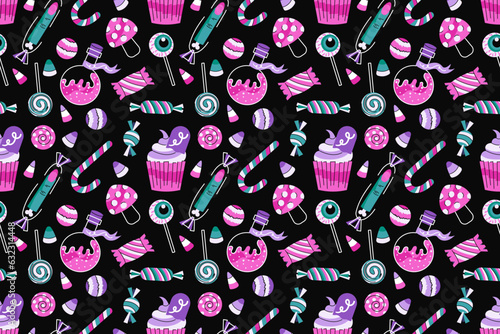 Halloween candies seamless pattern. Sweet treats, spooky lollipops, cupcake, eye, candy corn, witch finger. Flat cartoon vector illustration isolated on black background