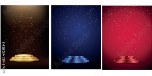  Set celebration design with golden podium on a black, blue, red background.Anniversary. Happy birthday greeting card. Vector.