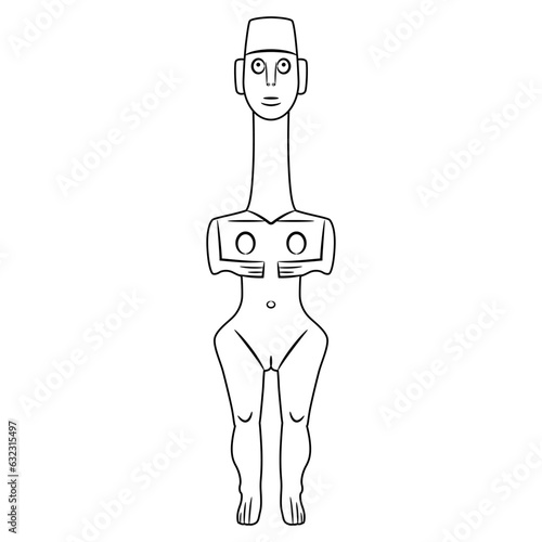 Cycladic idol with a long neck. Ancient Greek female figurine of Neolithic fertility goddess. Black and white linear silhouette.
