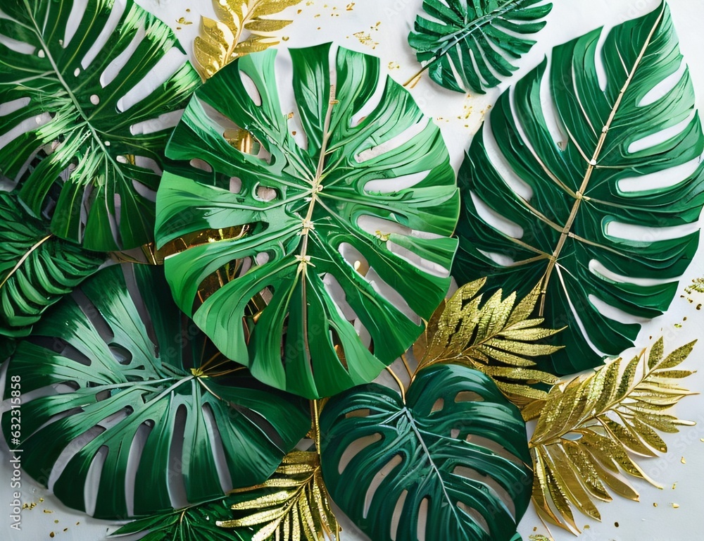 Naklejka premium Picture showcasing a collection of tropical green plants like Monstera, fern, and Eucalyptus leaves, highlighted with gold glitter particles. Created with generative AI tools
