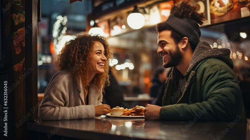A beautiful couple is sitting in a cafe on the street, looking at each other and talking.