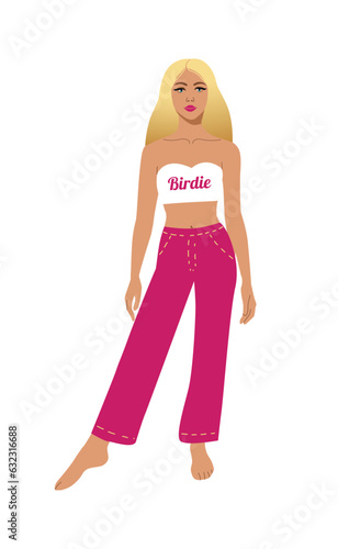 Fashion blonde. Pink pants; white crop top; pink inscription. Doll in vector. Girl in pink. Print for clothes. Fashion design. Retro style. Walk barefoot.