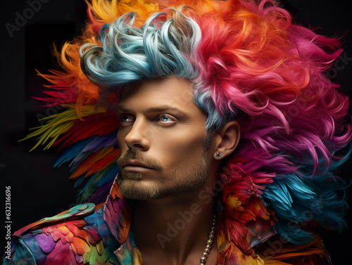 A captivating, handsome man with accessorized colored hair, expressive face exuding a mesmerizing allure. Vibrant and creative face. Generative AI