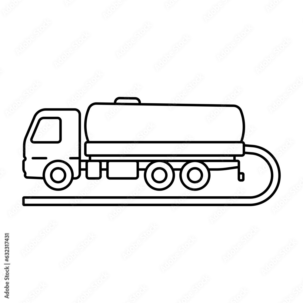 Vacuum truck icon. Waste truck. Black contour linear silhouette. Side view. Editable strokes. Vector simple flat graphic illustration. Isolated object on a white background. Isolate.