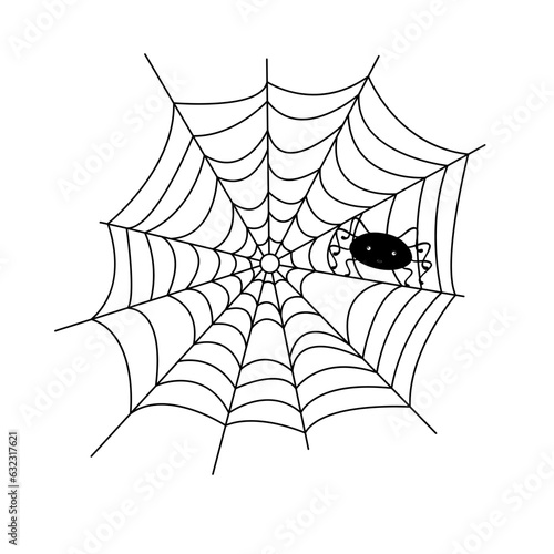 Spider web with cute little spider simple hand drawn vector outline illustration of doodle fancy Halloween scary decor elements, clipart perfect for Halloween party, cartoon spooky character
