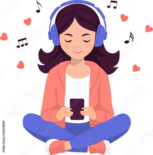 Woman enjoying songs in headset via smartphone.Music lover. Vector illustration
