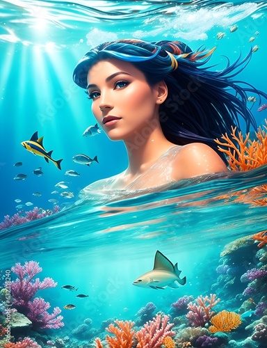 close up portrait of beautiful mermaid under water swimming with fish