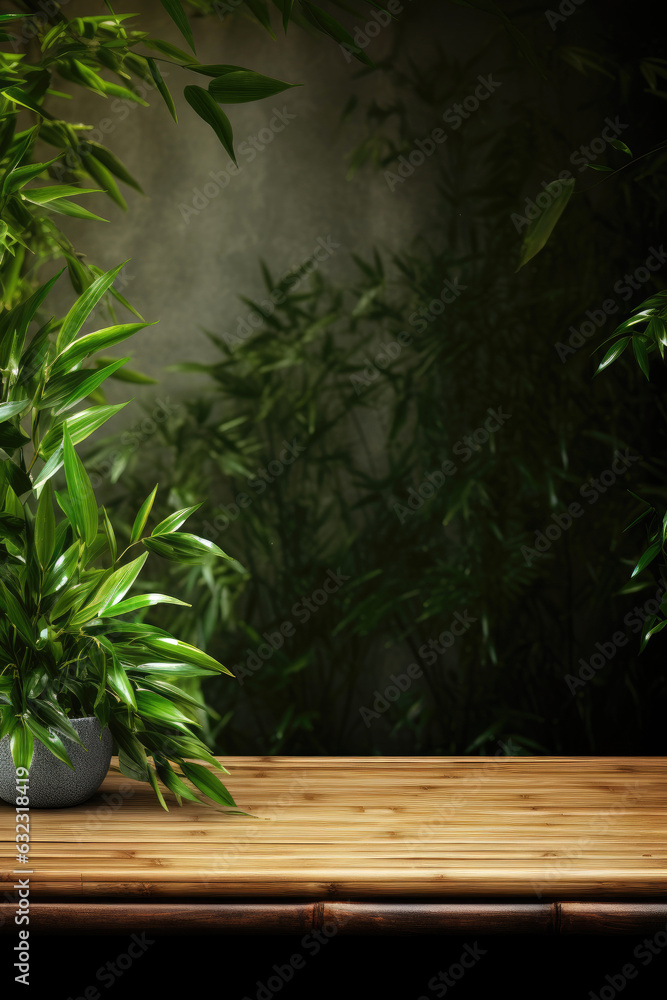 Wooden table on bamboo plant background. Generative AI Wooden table on bamboo plant background. Generative AI