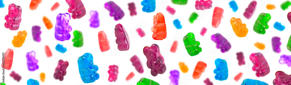 Jelly candies - falling colorful jelly bears isolated on a white background. Collection of marmelade bears.