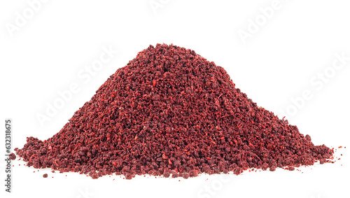 Dry ground sumac spice isolated on a white background, front view.