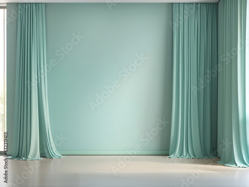 Pastel turquoise blue green empty wall in room with silk curtain drapes. Mock up Template for product presentation. Living, gallery, studio, office concept. 3D rendering, Generate Ai