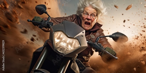 an old woman is riding a motorbike, generative AI