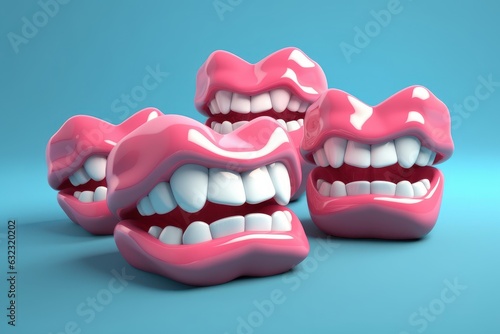 A group of funny 3D denture on a blue background