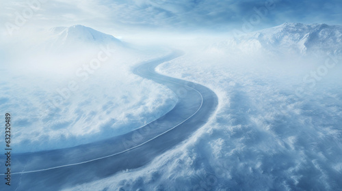 Cinematic, wide angle view of a long winding road, slicing through a dramatic icy landscape, 3d, hyperrealistic, top down view, mystery, blue and white, Blizzard