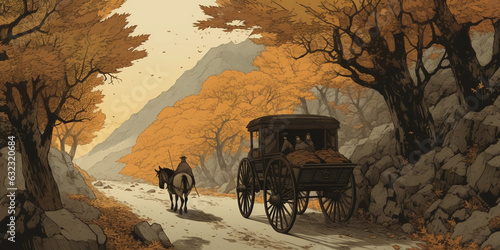 Japanese Ukiyo - e style illustration, ancient wooden carriage on a stone paved road through a misty mountain, high details, rich textures, autumn leaves, calming, spiritual, serene, traditional photo