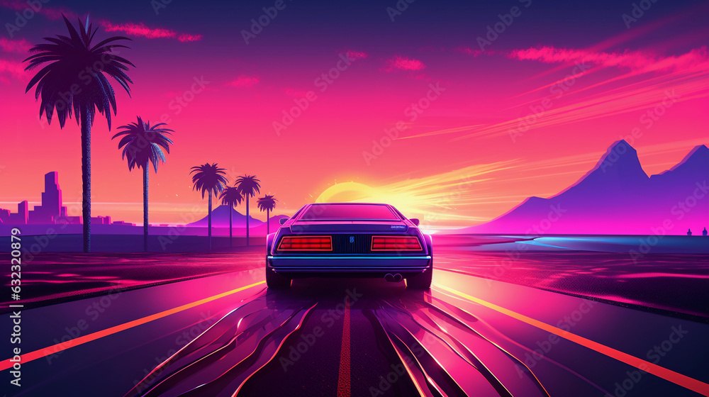 Retro futuristic synthwave aesthetic, grid landscape, cybernetic highway extending towards a neon sunset, vintage car on the foreground, surrealistic, glowing, bold neon colors, vaporwave style
