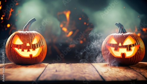 Halloween pumpkin on a wooden table, halloween background, Generative AI